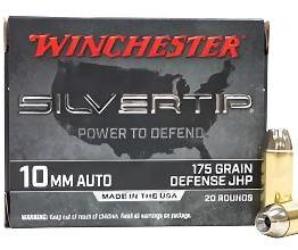 WINCHESTER SELF DEFENSE AMMO 10MM, SILVERTIP 175 GRAIN JACKETED HOLLOW POINT