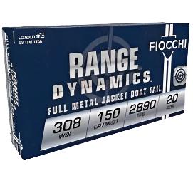 308 WINCHESTER, FIOOCHI RANGE DYNAMICS, 150 GRAIN FMJBT, BIG GAME AMMO, QUALITY HIGH POWER AMMO